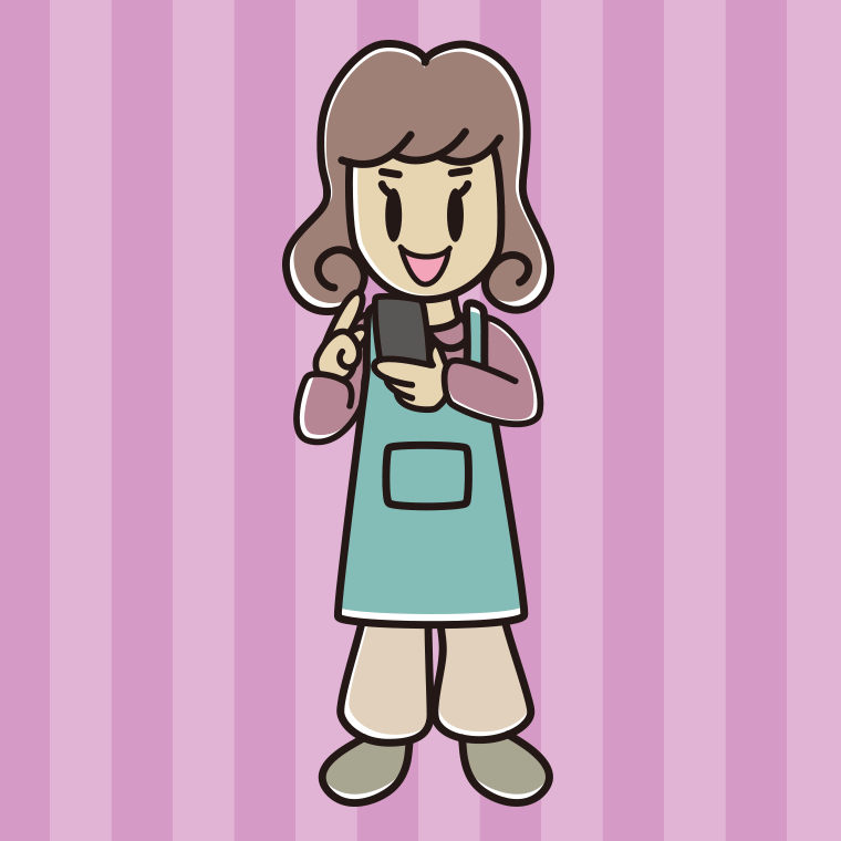 スマホを使うエプロン姿の女子大学生のイラスト【色、背景あり】PNG