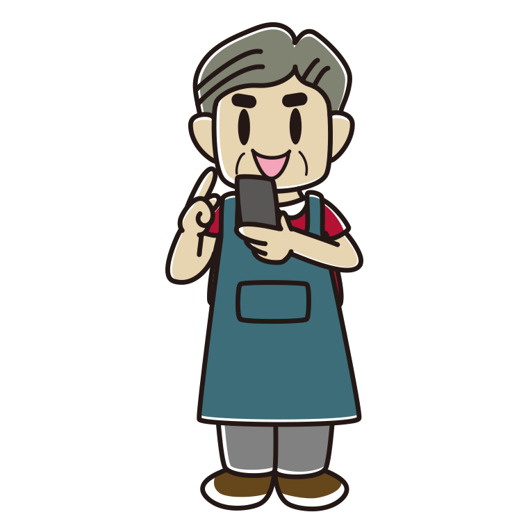 スマホを使うエプロン姿のおじさんのイラスト【色あり、背景なし】透過PNG