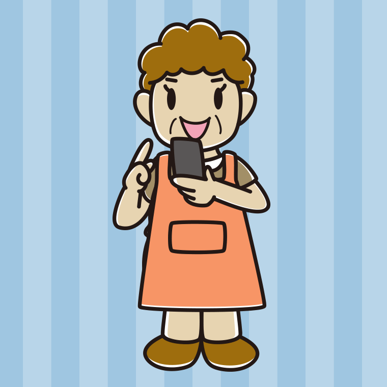 スマホを使うエプロン姿のおばさんのイラスト【色、背景あり】PNG