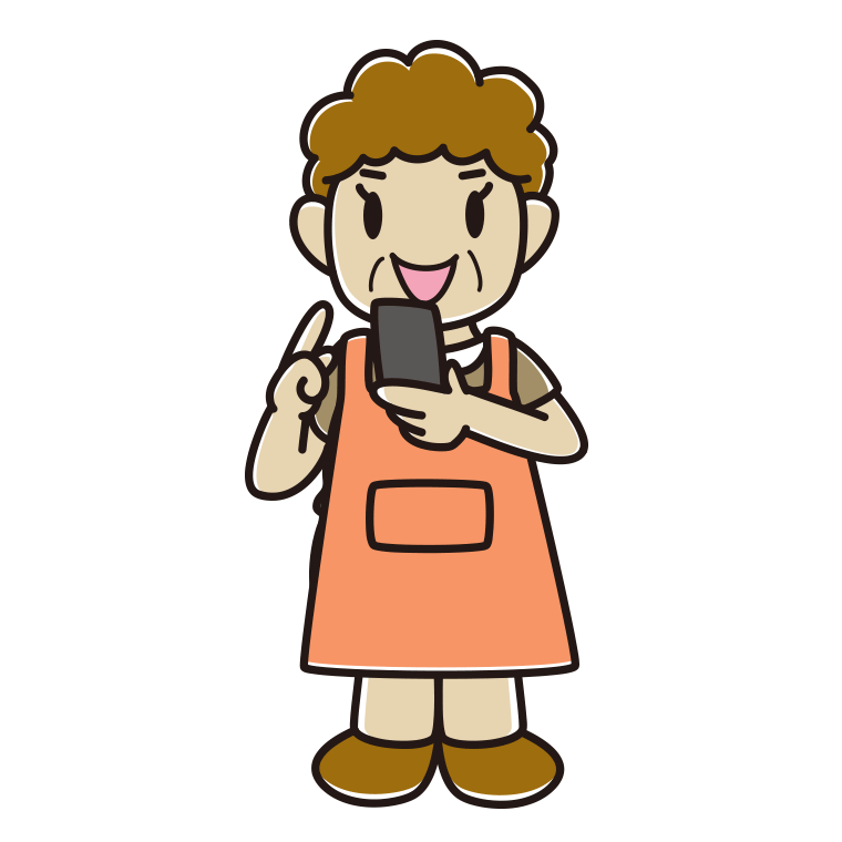 スマホを使うエプロン姿のおばさんのイラスト【色あり、背景なし】透過PNG