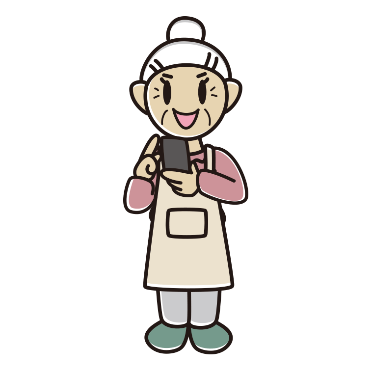 スマホを使うエプロン姿のおばあさんのイラスト【色あり、背景なし】透過PNG
