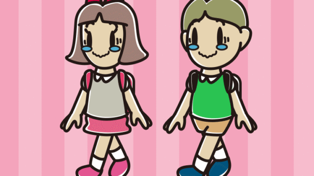 通学中にジーンとする小学生のイラスト【色、背景あり】PNG