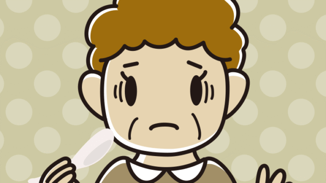 レンゲで困るおばさんのイラスト【色、背景あり】PNG