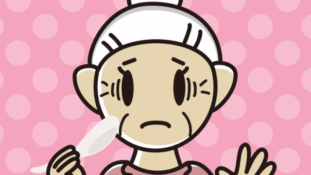 レンゲで困るおばあさんのイラスト【色、背景あり】PNG