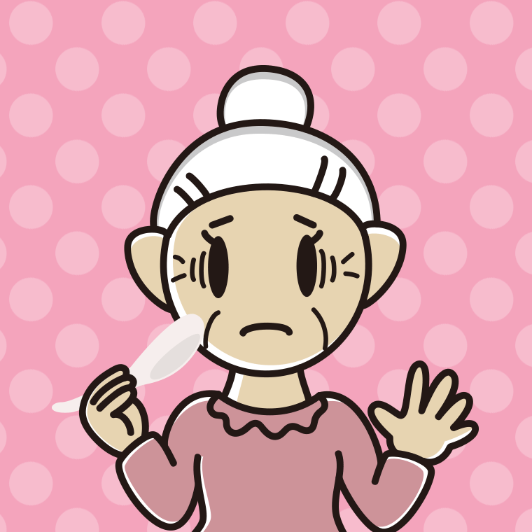 レンゲで困るおばあさんのイラスト【色、背景あり】PNG