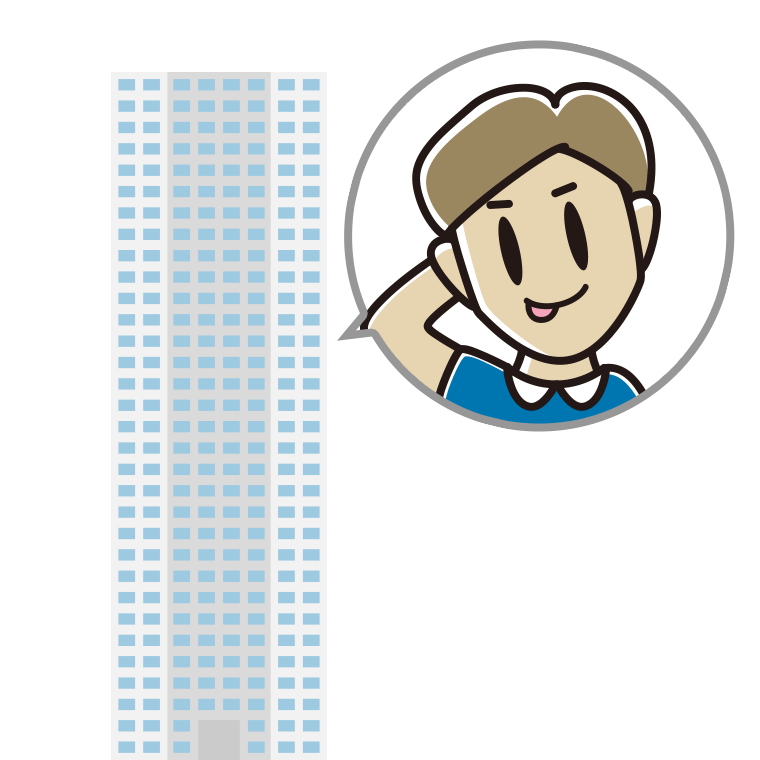 タワーマンションでテヘヘな男性のイラスト【色あり、背景なし】透過PNG