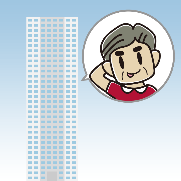 タワーマンションでテヘヘなおじさんのイラスト【色、背景あり】PNG