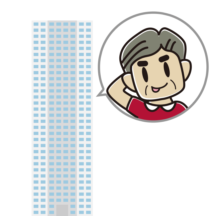 タワーマンションでテヘヘなおじさんのイラスト【色あり、背景なし】透過PNG