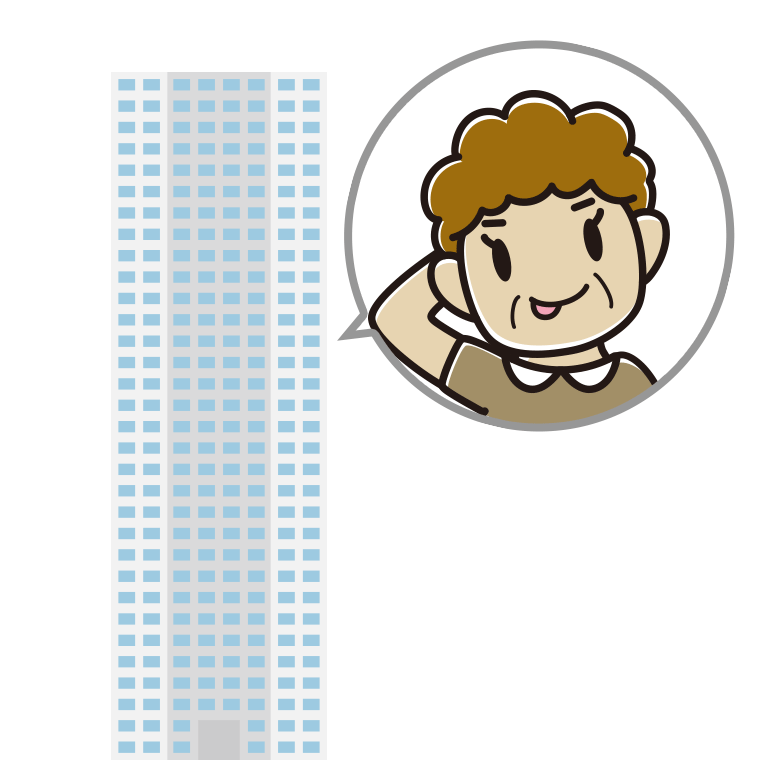 タワーマンションでテヘヘなおばさんのイラスト【色あり、背景なし】透過PNG