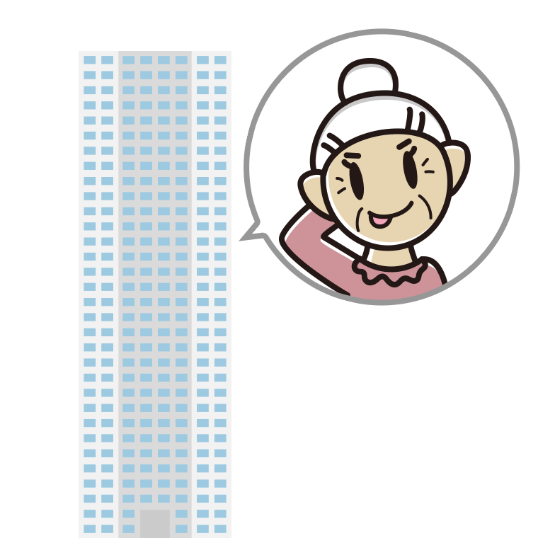 タワーマンションでテヘヘなおばあさんのイラスト【色あり、背景なし】透過PNG
