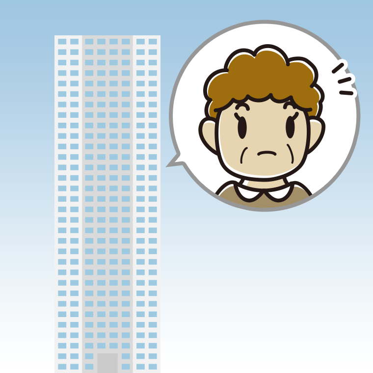 タワーマンションで何かに気付くおばさんのイラスト【色、背景あり】PNG