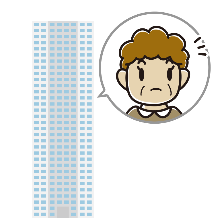 タワーマンションで何かに気付くおばさんのイラスト【色あり、背景なし】透過PNG