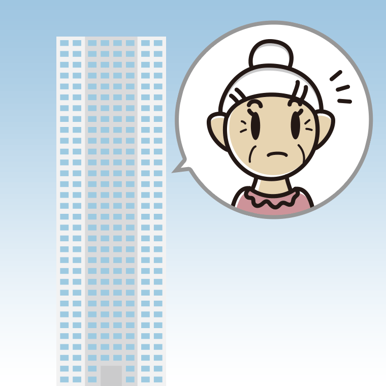 タワーマンションで何かに気付くおばあさんのイラスト【色、背景あり】PNG