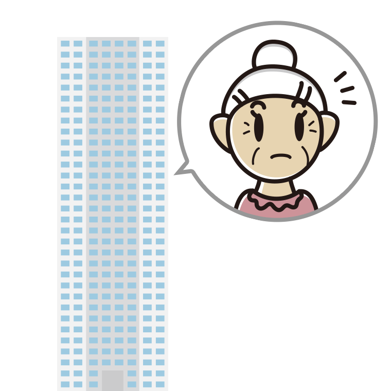 タワーマンションで何かに気付くおばあさんのイラスト【色あり、背景なし】透過PNG