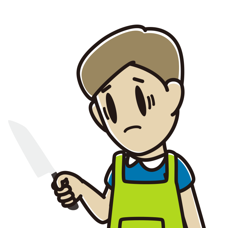 包丁で困る男性のイラスト【色あり、背景なし】透過PNG