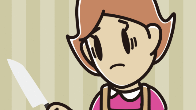 包丁で困る女性のイラスト【色、背景あり】PNG
