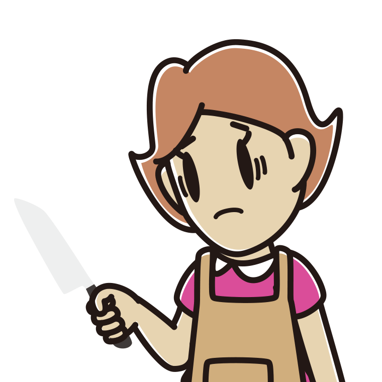 包丁で困る女性のイラスト【色あり、背景なし】透過PNG