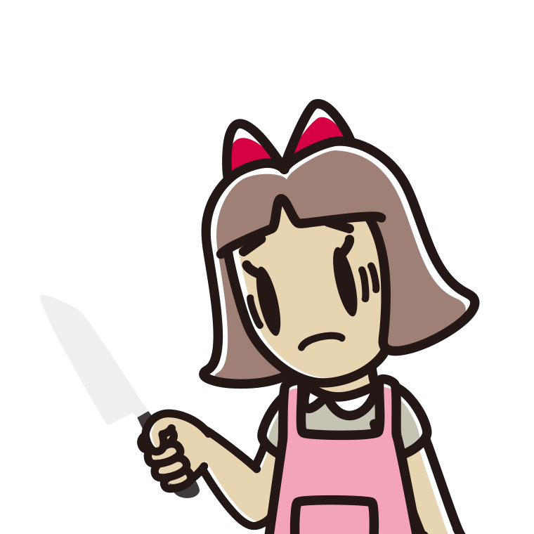 包丁で困る小学生女子のイラスト【色あり、背景なし】透過PNG