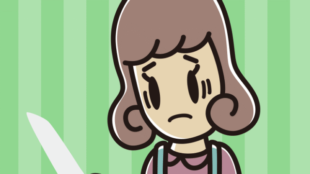 包丁で困る女子大学生のイラスト【色、背景あり】PNG