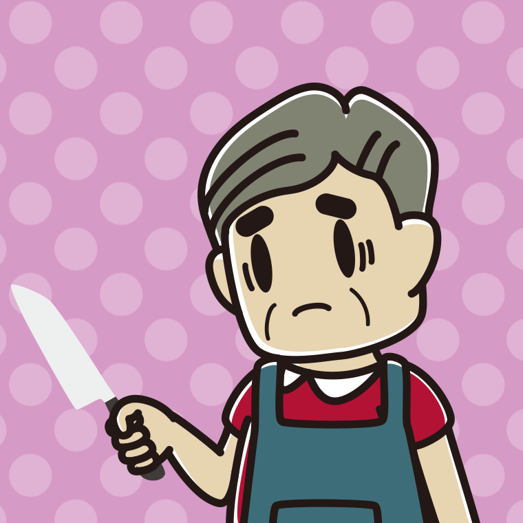 包丁で困るおじさんのイラスト【色、背景あり】PNG