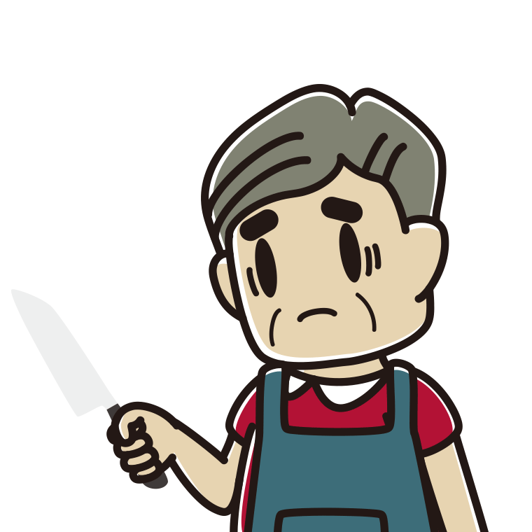 包丁で困るおじさんのイラスト【色あり、背景なし】透過PNG