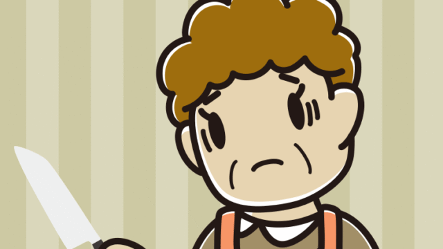 包丁で困るおばさんのイラスト【色、背景あり】PNG