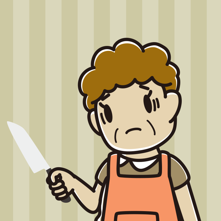 包丁で困るおばさんのイラスト【色、背景あり】PNG