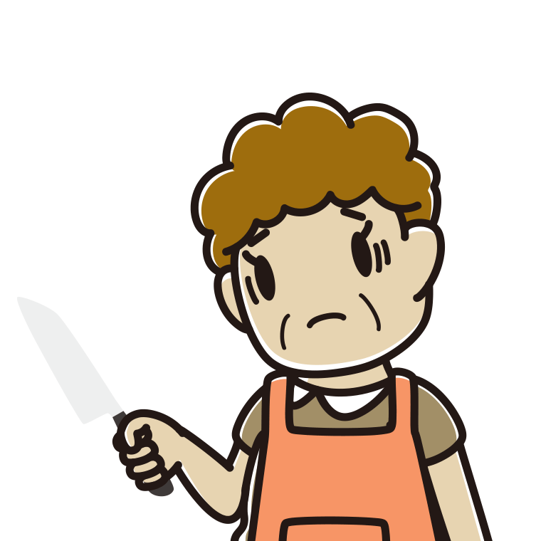 包丁で困るおばさんのイラスト【色あり、背景なし】透過PNG