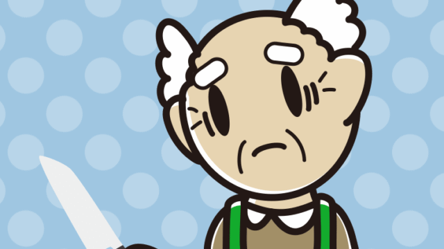 包丁で困るおじいさんのイラスト【色、背景あり】PNG