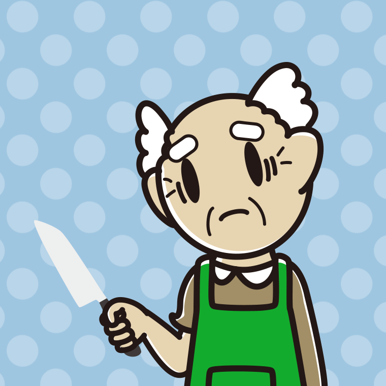 包丁で困るおじいさんのイラスト【色、背景あり】PNG