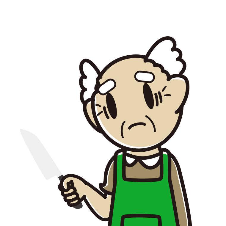包丁で困るおじいさんのイラスト【色あり、背景なし】透過PNG