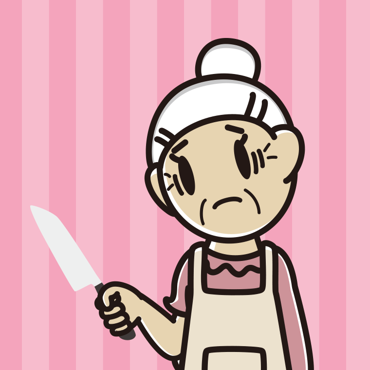 包丁で困るおばあさんのイラスト【色、背景あり】PNG