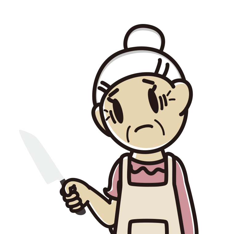 包丁で困るおばあさんのイラスト【色あり、背景なし】透過PNG