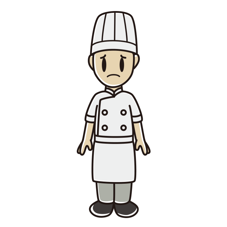 困る男性料理人のイラスト【色あり、背景なし】透過PNG