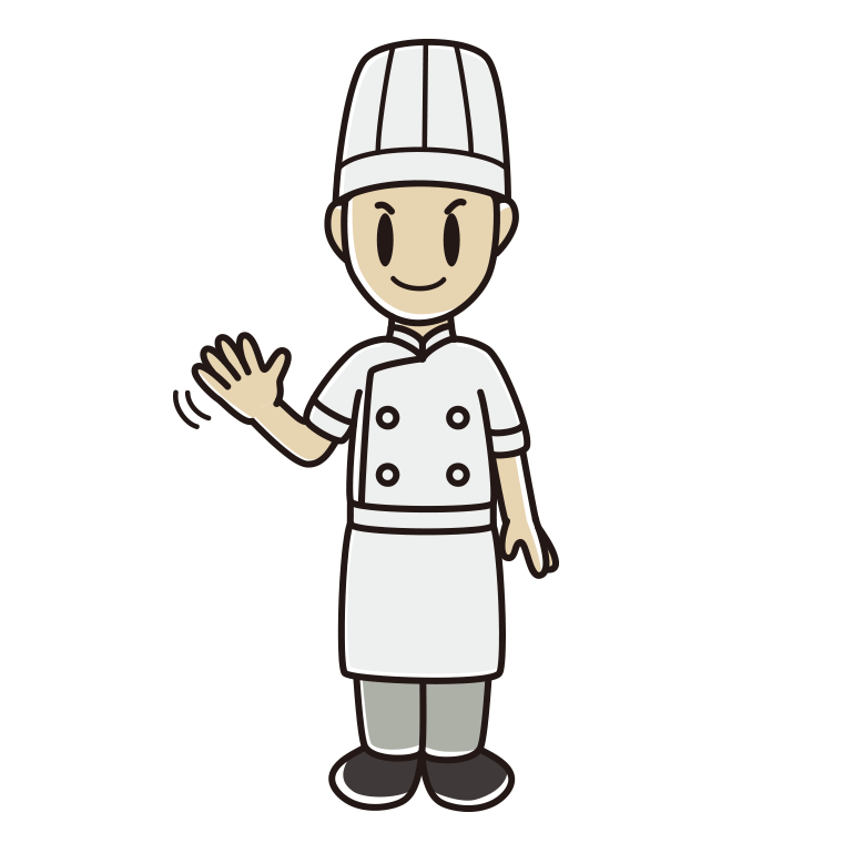 手を振る男性料理人のイラスト【色あり、背景なし】透過PNG