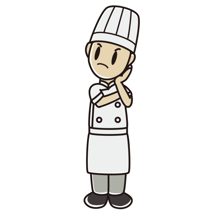 考える男性料理人のイラスト【色あり、背景なし】透過PNG