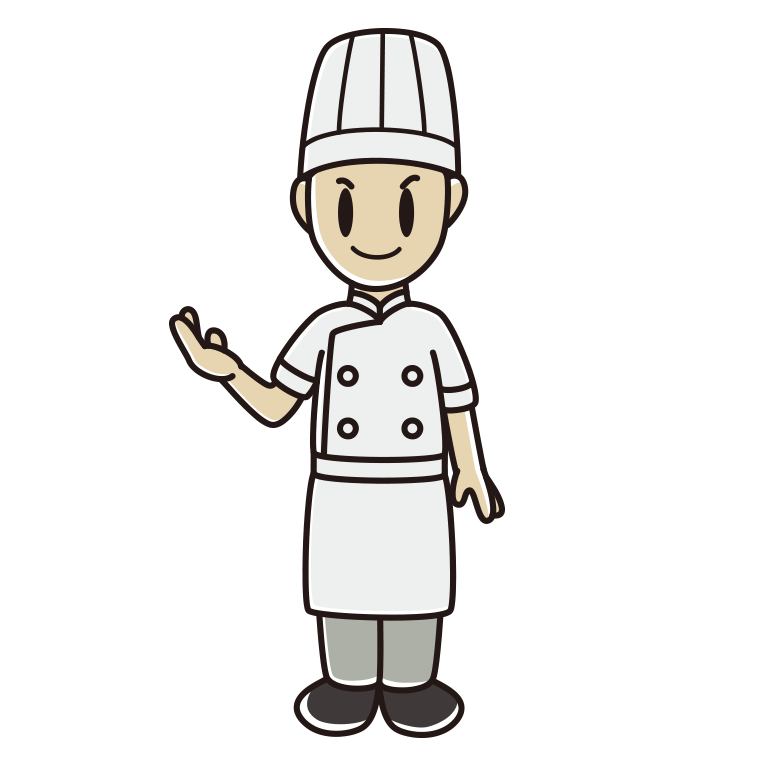 案内する男性料理人のイラスト【色あり、背景なし】透過PNG