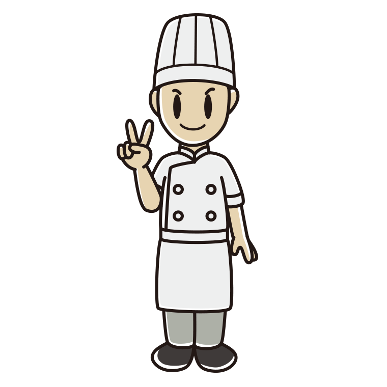 ピースをする男性料理人のイラスト【色あり、背景なし】透過PNG