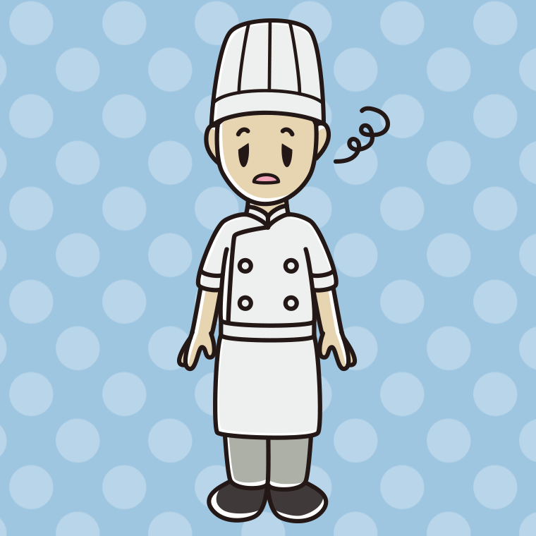 ぼーっとする男性料理人のイラスト【色、背景あり】PNG