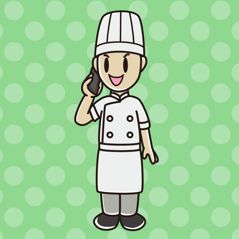スマホで電話する男性料理人のイラスト【色、背景あり】PNG