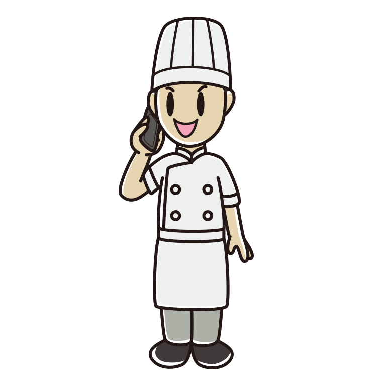 スマホで電話する男性料理人のイラスト【色あり、背景なし】透過PNG