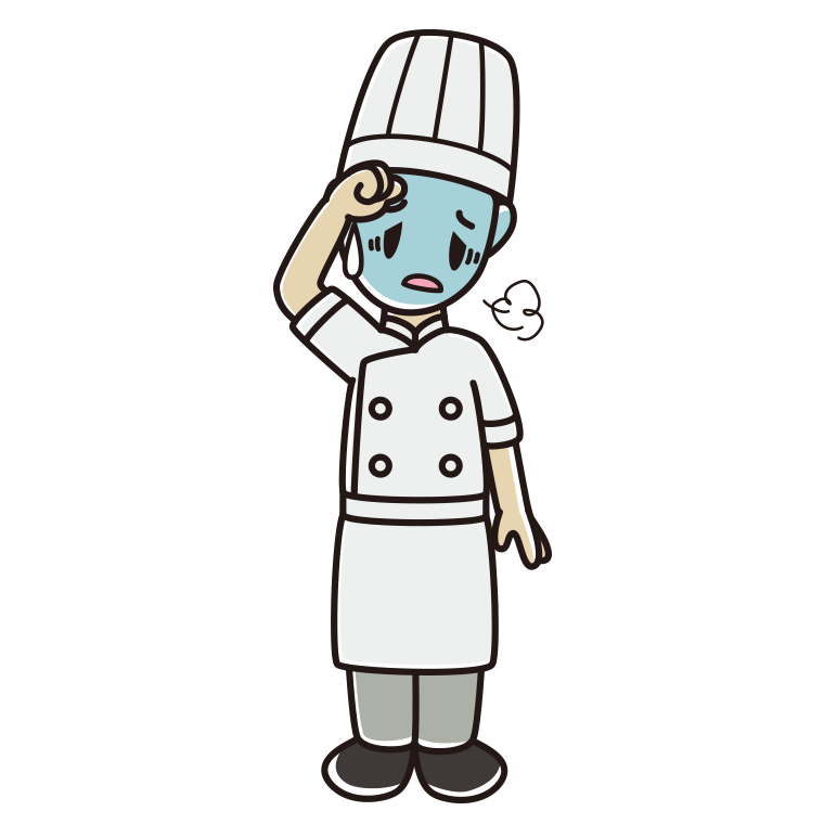 具合が悪い男性料理人のイラスト【色あり、背景なし】透過PNG