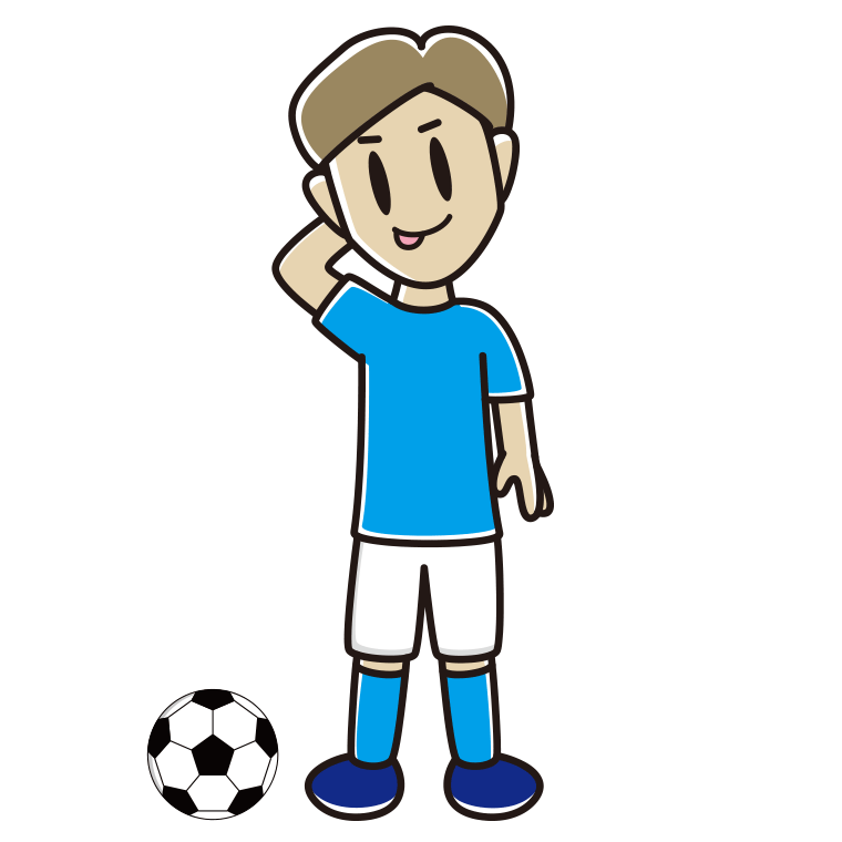 テヘヘなサッカーのユニフォーム姿の男性のイラスト【色あり、背景なし】透過PNG