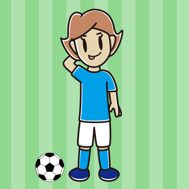 テヘヘなサッカーのユニフォーム姿の女性のイラスト【色、背景あり】PNG