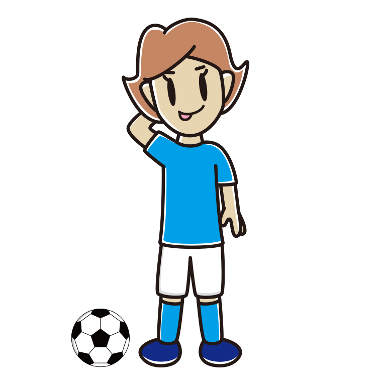 テヘヘなサッカーのユニフォーム姿の女性のイラスト【色あり、背景なし】透過PNG