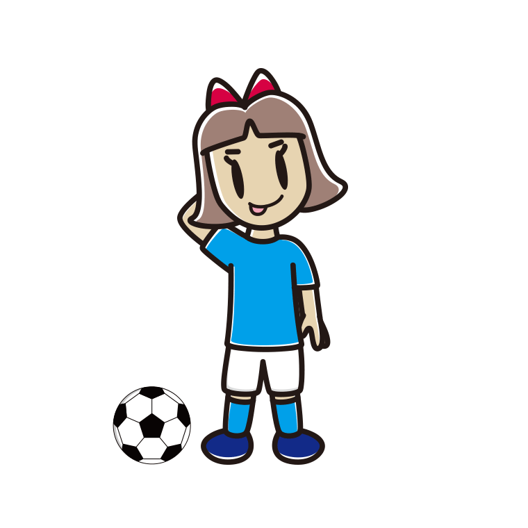 テヘヘなサッカーのユニフォーム姿の小学生女子のイラスト【色あり、背景なし】透過PNG