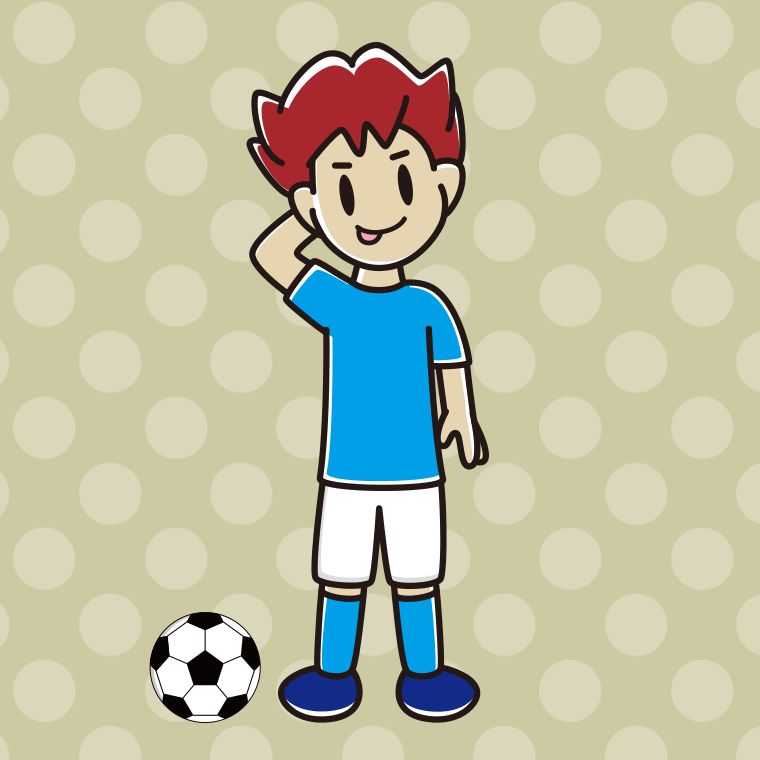 テヘヘなサッカーのユニフォーム姿の男子大学生のイラスト【色、背景あり】PNG