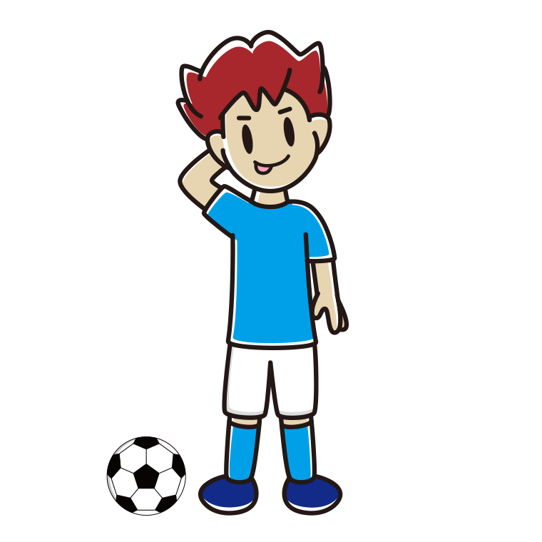 テヘヘなサッカーのユニフォーム姿の男子大学生のイラスト【色あり、背景なし】透過PNG