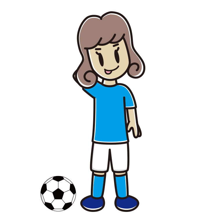 テヘヘなサッカーのユニフォーム姿の女子大学生のイラスト【色あり、背景なし】透過PNG
