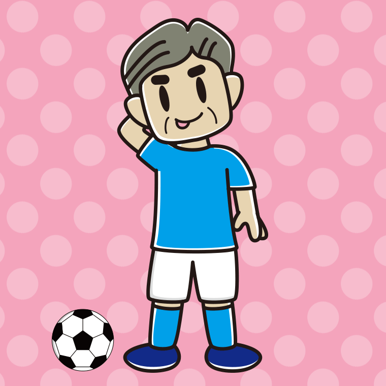 テヘヘなサッカーのユニフォーム姿のおじさんのイラスト【色、背景あり】PNG